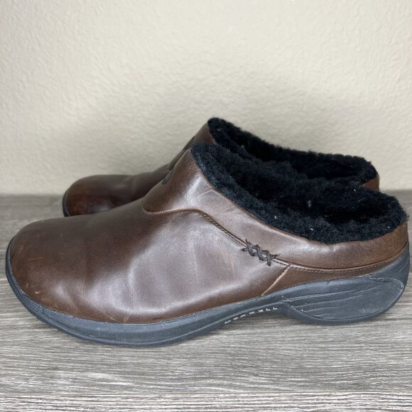 Merrell Encore Ice Smooth Brown Leather Mules Clogs Womens 9.5 Sherpa Lined - Picture 2 of 13